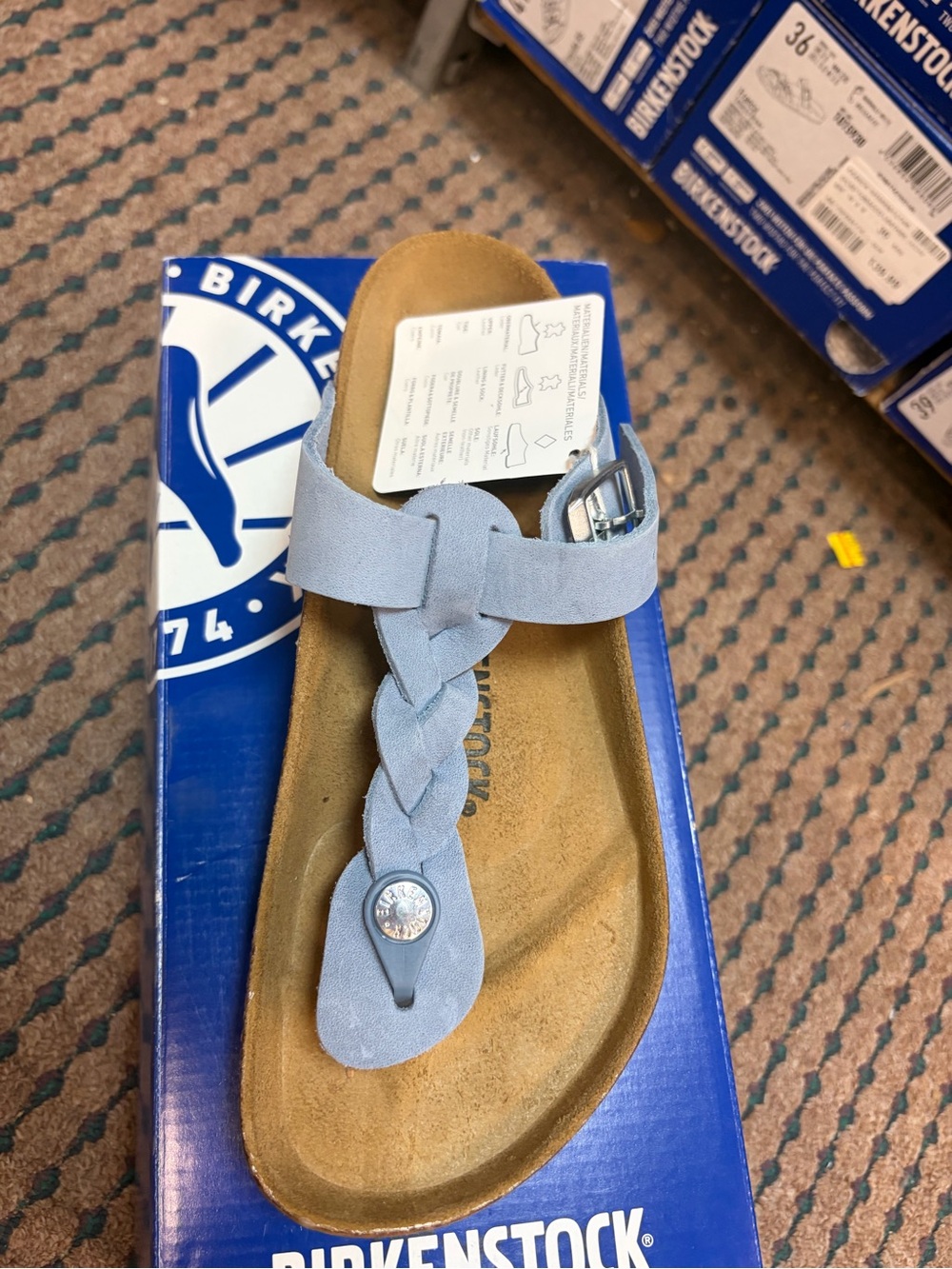 Birkenstock Dusty Blue Oiled Leather Gizeh Braided Sandal with Blue Bottoms